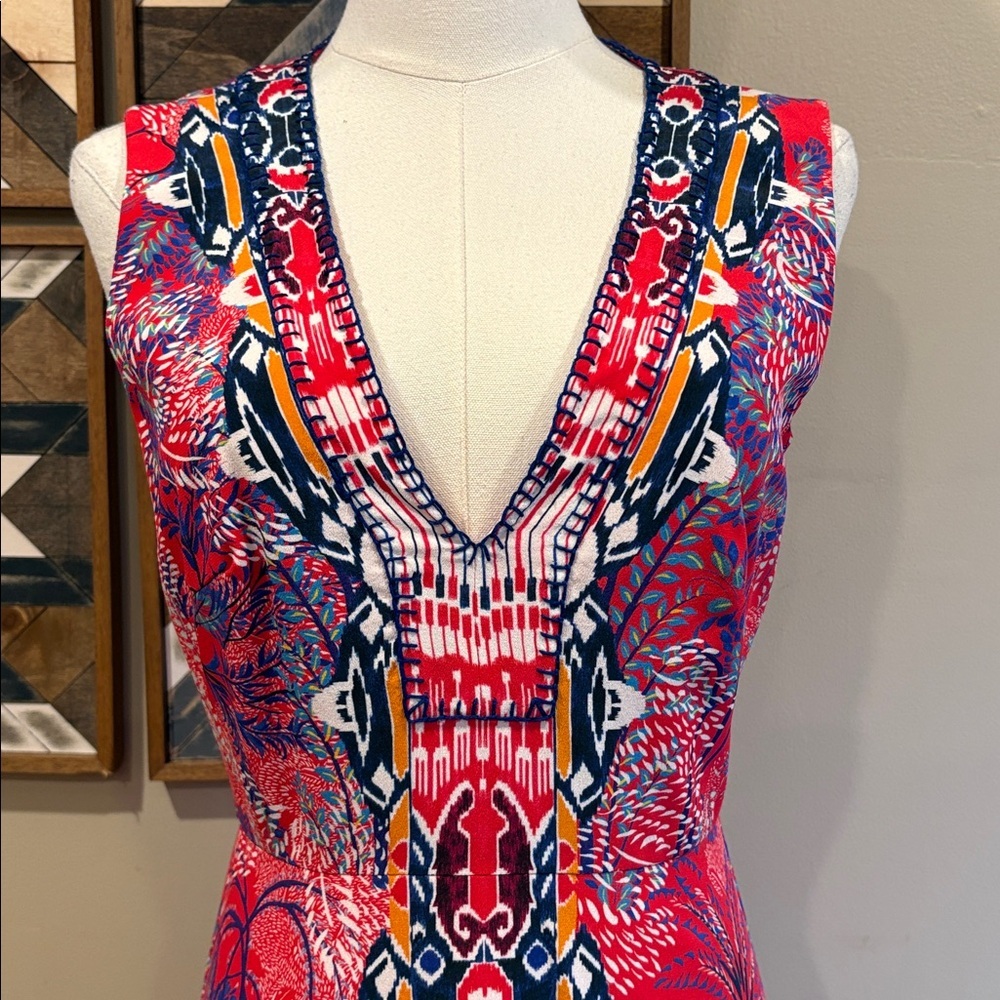 SALONI Silk Crepe Printed V-Neck Sleeveless Mini Dress size 4 - Picture 3 of 15